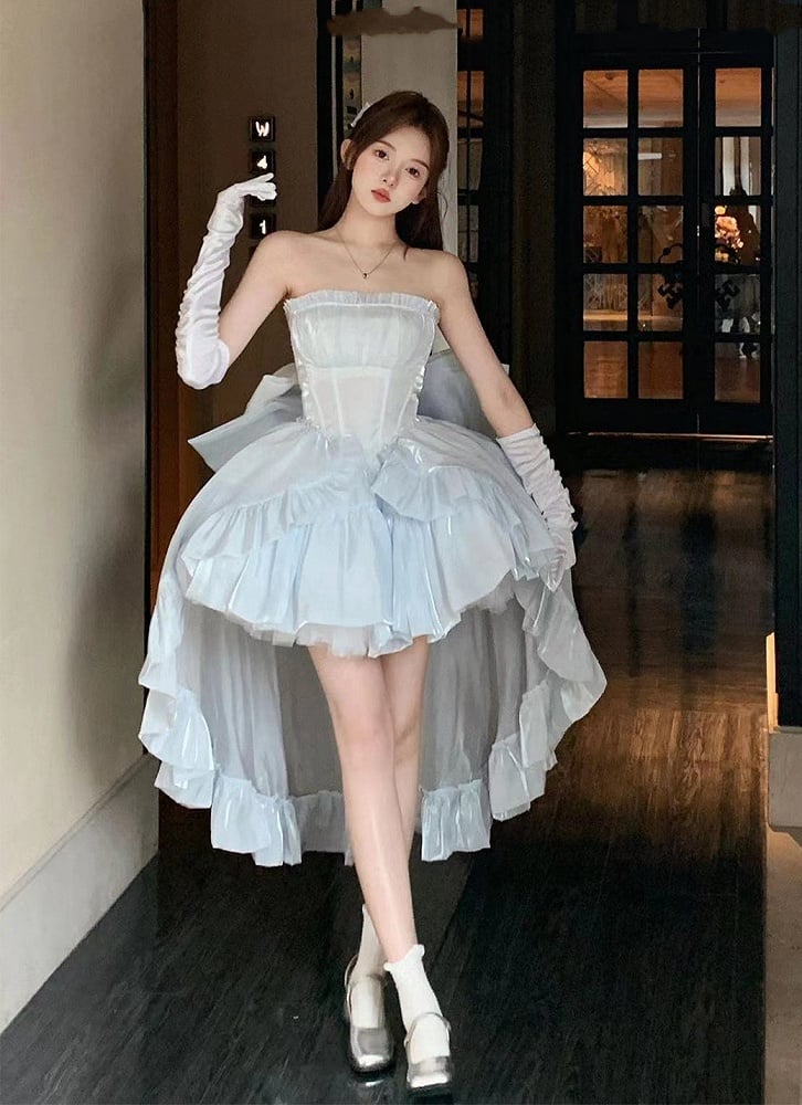 Balletcore Strapless Princess Puff Dress Sleeves Blue