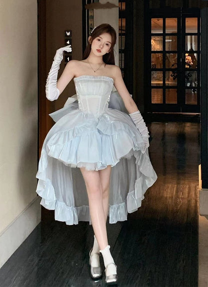 Balletcore Strapless Princess Puff Dress Sleeves Blue