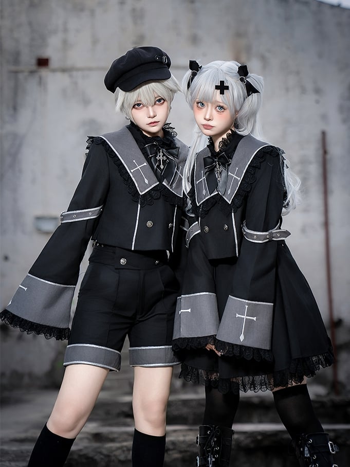 Langärmliges, kurzes, besticktes graues Oberteil und Kragenkreuz Ouji Black Square Lolita