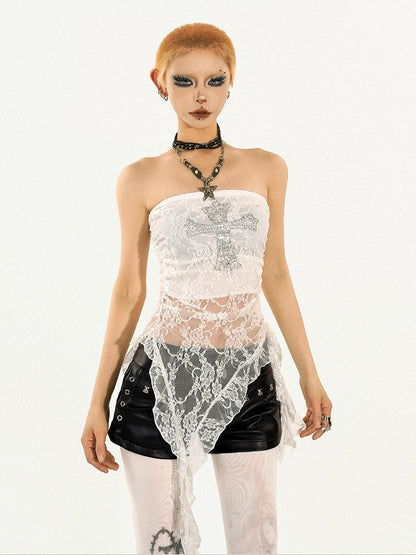 Y2K Cross Strapless Top with Irregular Lace Trim
