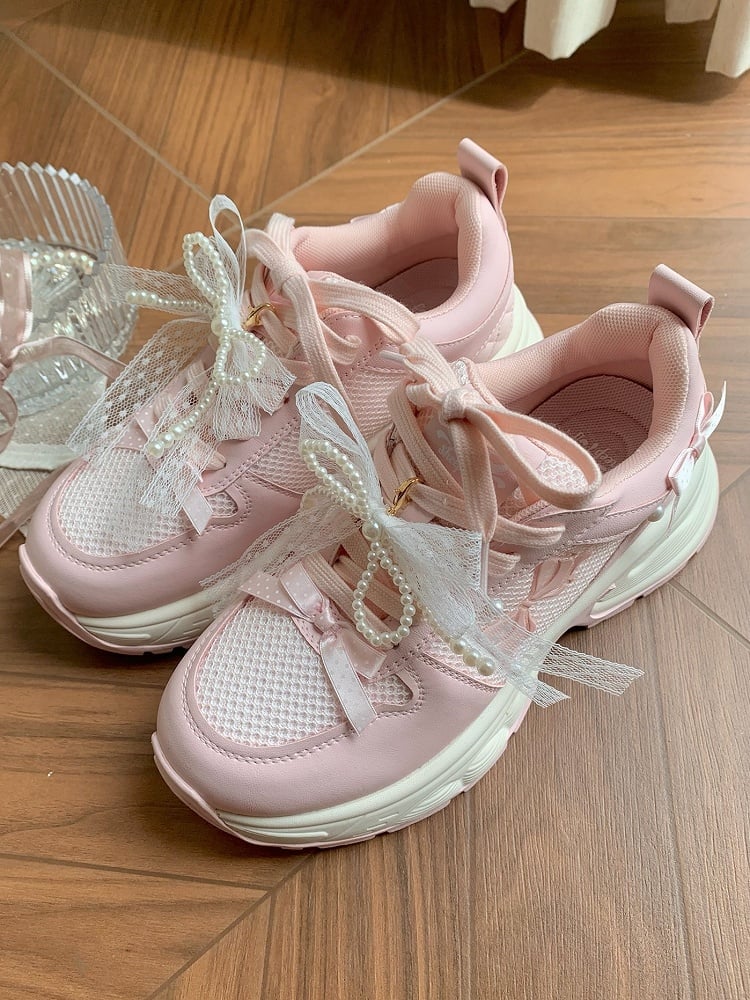 Front Lace-up Details Ties Sneakers Bowknot Decorated Beaded Pink
