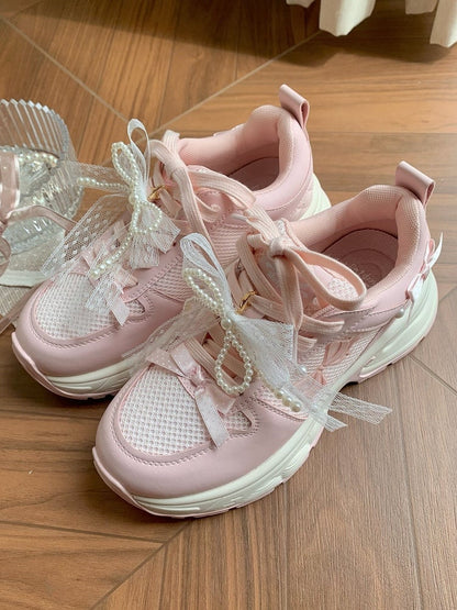 Front Lace-up Details Ties Sneakers Bowknot Decorated Beaded Pink
