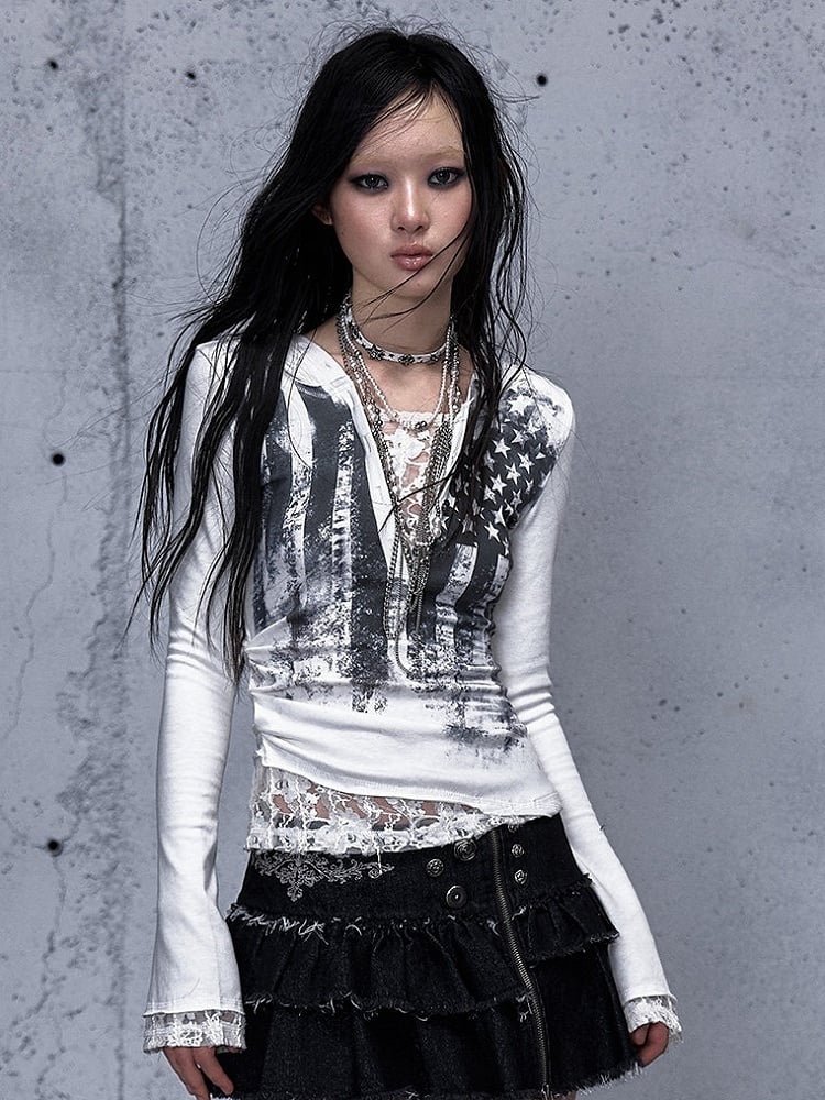 Off-white Two-piece V-Neck Print Hooded Lace Long Top Star Sleeve Slim-fitting Panel -