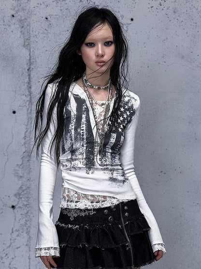 Off-white Two-piece V-Neck Print Hooded Lace Long Top Star Sleeve Slim-fitting Panel -