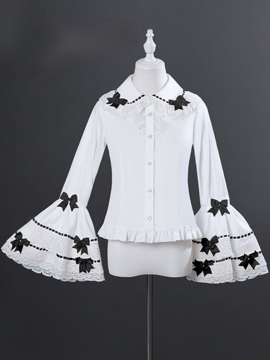 White Tiered Bell Sleeves Blouse with Peter Pan Collar & Thread Detailing