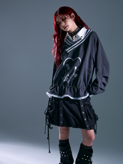 Top Two-Piece - Heart-shaped Waist Sleeve Faux Print Long Drawstring Gray