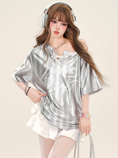 Grau/blaues, gestreiftes, sportliches Oberteil mit Schnürdetail und asymmetrischem Ausschnitt