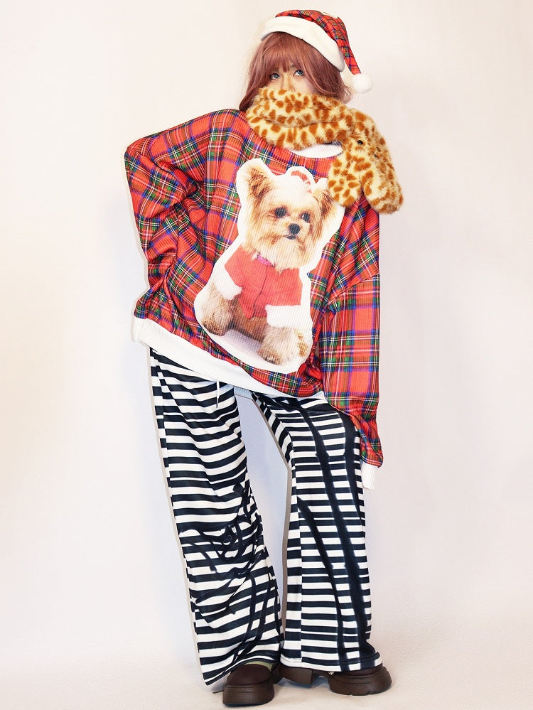 Weihnachtskariertes Sweatshirt mit Welpen-Print Rot