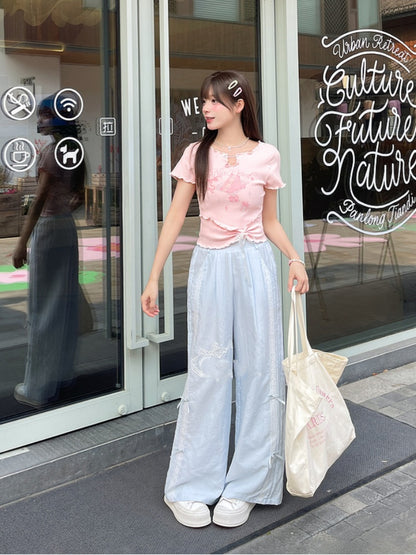 Version Regular/Short Blau Weite Beinhose Bowknot Stickerei Hohe Taille