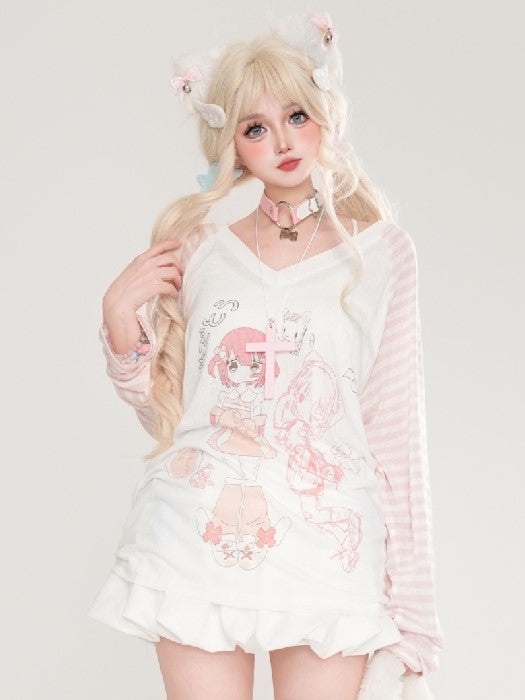 And Light Long Thin V-neck Blue/Pink Girl Top With Cartoon Sleeves Print Patterns Striped