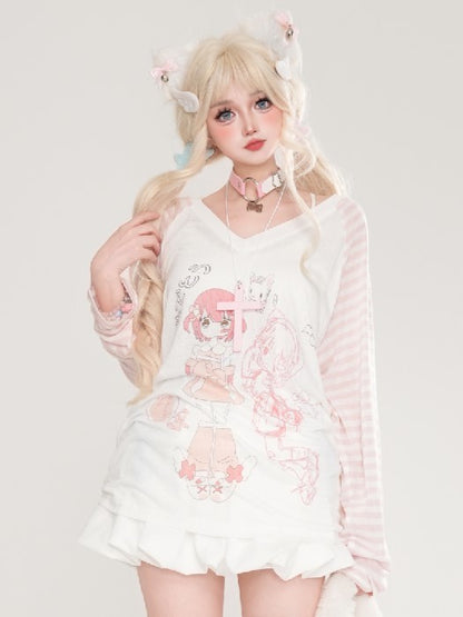 And Light Long Thin V-neck Blue/Pink Girl Top With Cartoon Sleeves Print Patterns Striped