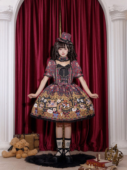 Print Puff Lace Lolita Trim Sleeves Dress Red and Black Bear Sweet Plaid with