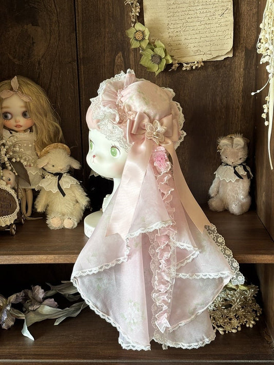 / Green Veil Hat Print Mini Floral with Lolita Pink