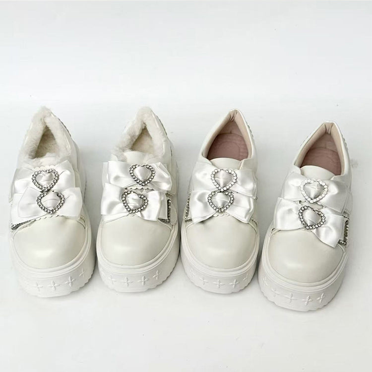 Details PU Kei White Rhinestone Shoes Version Platform Bow Heart Decor Slip-in Fit Jirai Design Regular/Thicken in
