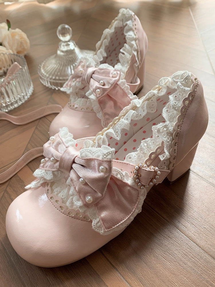 - Hem Lolita Pink Trim Lace Mid-heel Scalloped Shoes Sweet