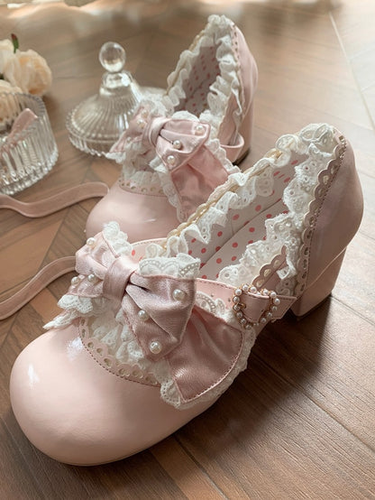 - Hem Lolita Pink Trim Lace Mid-heel Scalloped Shoes Sweet