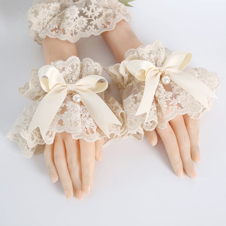 Pair Cute Lolita of Cuffs Wrist Bowknot A Beige Lace Bead With