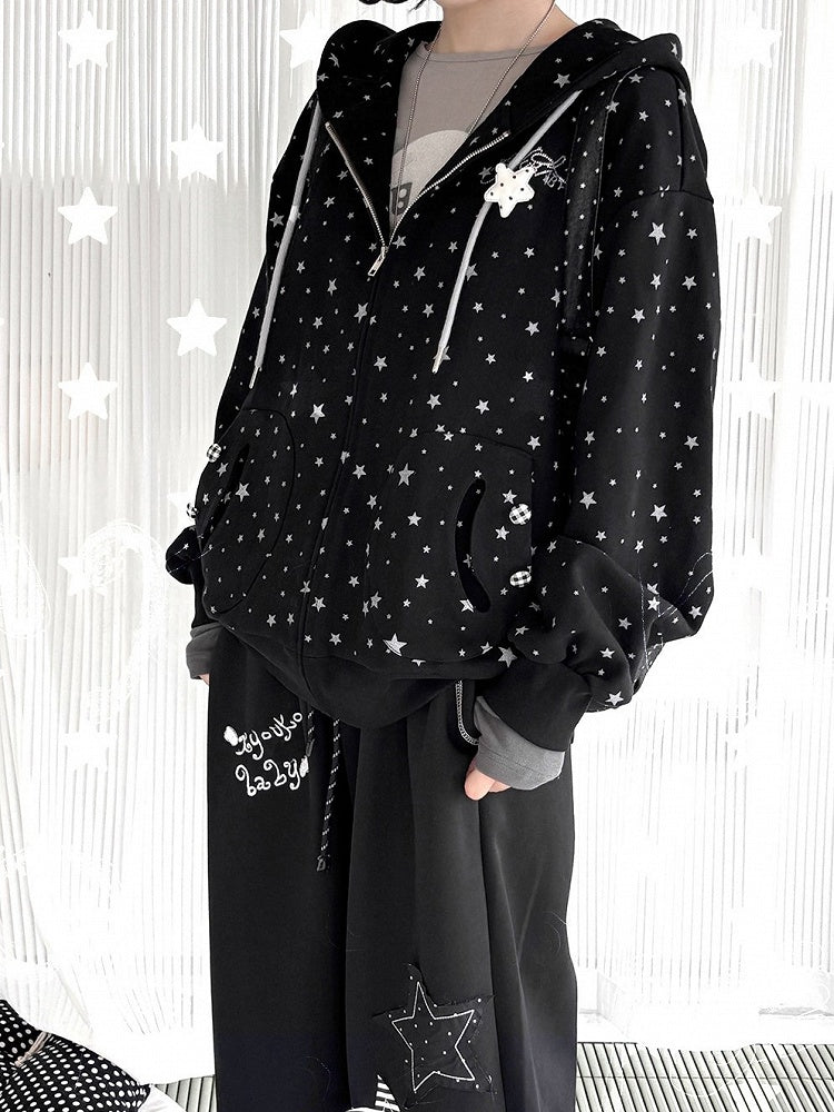 Jacket Pattern with Cuffs Star Elastic Black Kawaii Hoodie Daily
