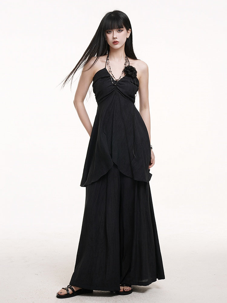 Pants Skirt-Like with Black Gothic Wide-Leg Floor Drape Length