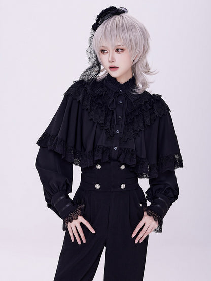 Black Lace-Trimmed Cape Shirt with Detachable Collar - DevilInspired Exclusive Collection