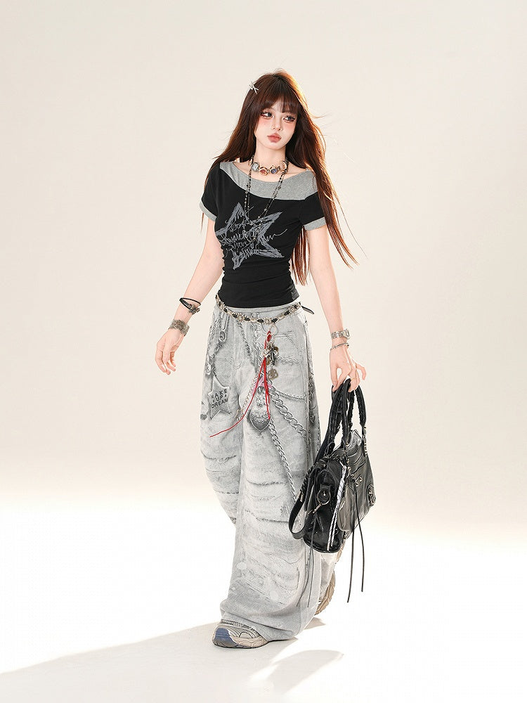 ブラックグレーの星柄フェイクツーピースTシャツ