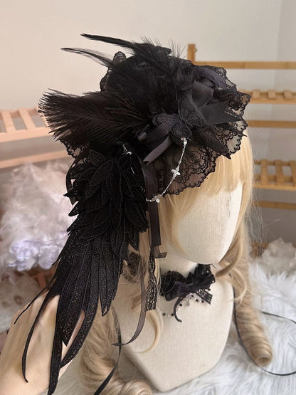 with Lace Feather Embellishments Lolita and Wing Black/White Mini Hat