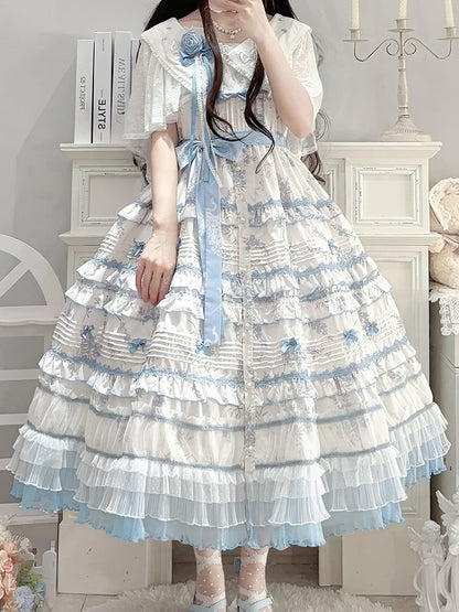 Ruffles White Floral Version Short Blue Lolita Classic Print Elegant Layered Dress