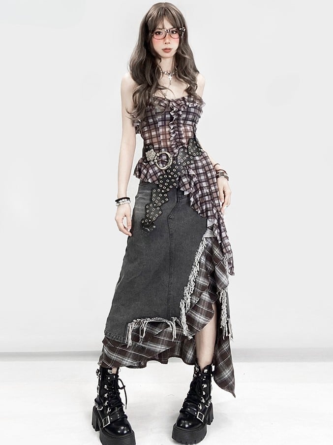 Asymmetrical Top Plaid Bittersweet Hem Cami Pattern Glamorous Brown