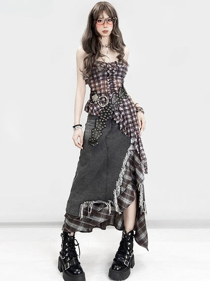 Asymmetrical Top Plaid Bittersweet Hem Cami Pattern Glamorous Brown