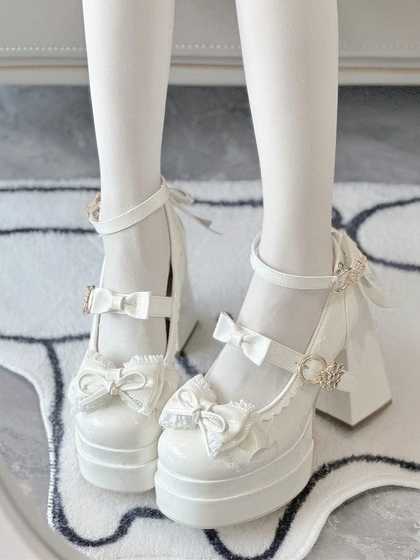 Platform Lolita Decor Bows Elegant White Block Shoes Scalloped - Edge Heel Round-Toe High 11cm