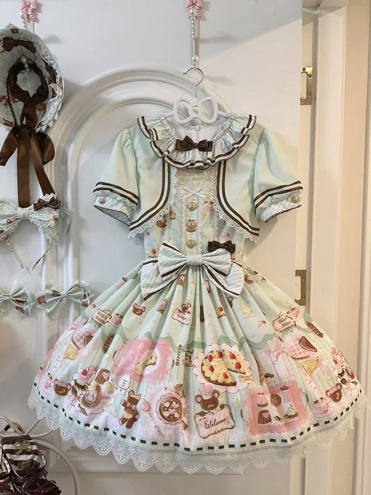 Grüne süße Minze Lolita Thema Desserts zweiteilige Print Kleid gefälschte Design Bär