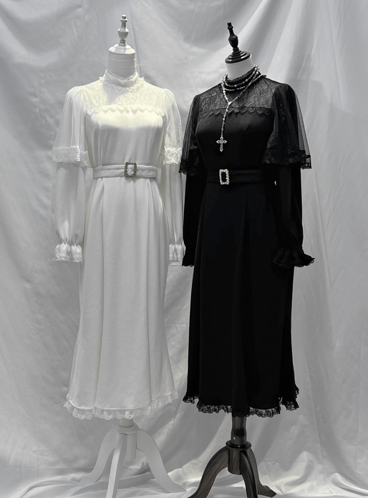 Black Sleeves with Illusion Jirai Dress: Silhouette Kei Neckline Cape Dark Mermaid