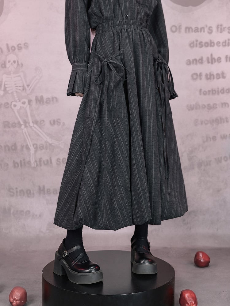Vintage Design Skirt Chinese Midi Bud Pocket Stripe Hem Gray Large Gothic With
