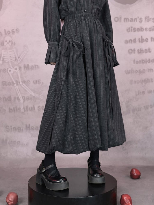 Vintage Design Skirt Chinese Midi Bud Pocket Stripe Hem Gray Large Gothic With