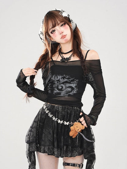 Sheer Off-Shoulder Black Top Two-Piece Set