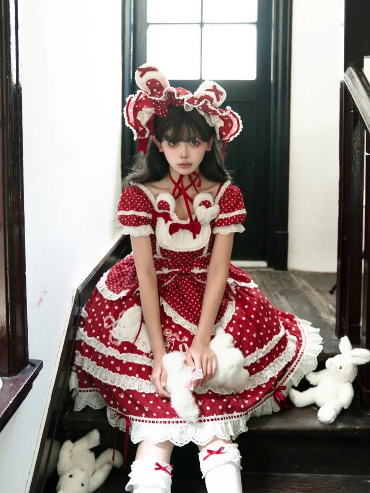 Red Pattern Neckline Plush Sweet Polka Dots Square Bunny Lolita Dress Ears
