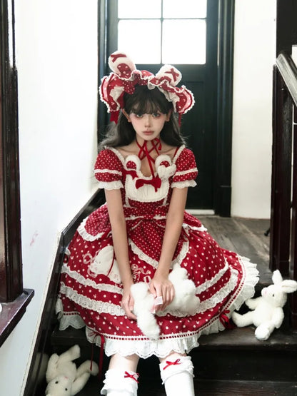Red Pattern Neckline Plush Sweet Polka Dots Square Bunny Lolita Dress Ears