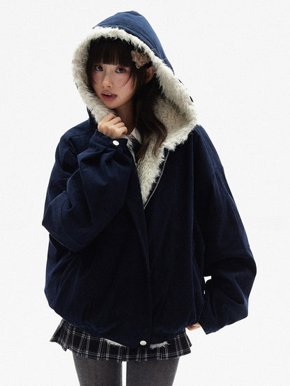 - Front Jacket Interior Hooded Dark Fleece Zipper Blue Cozy