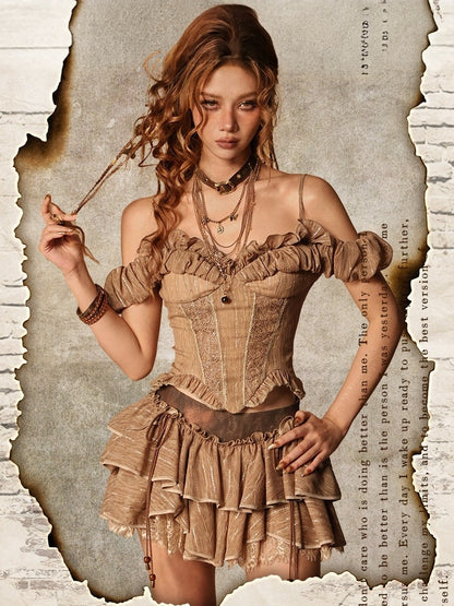 Brown Off-Shoulder Puff Sleeve Blouse with Ruffled Lace - Virtual Orbit