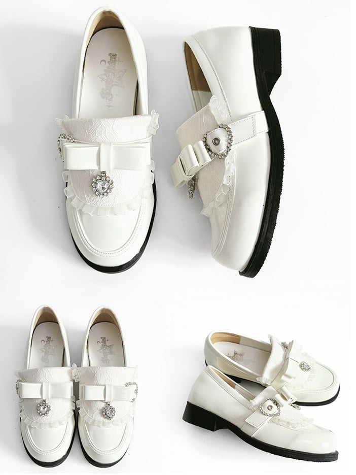 Details Polished Accent White Rhinestone Bow Low-heel PU Heart