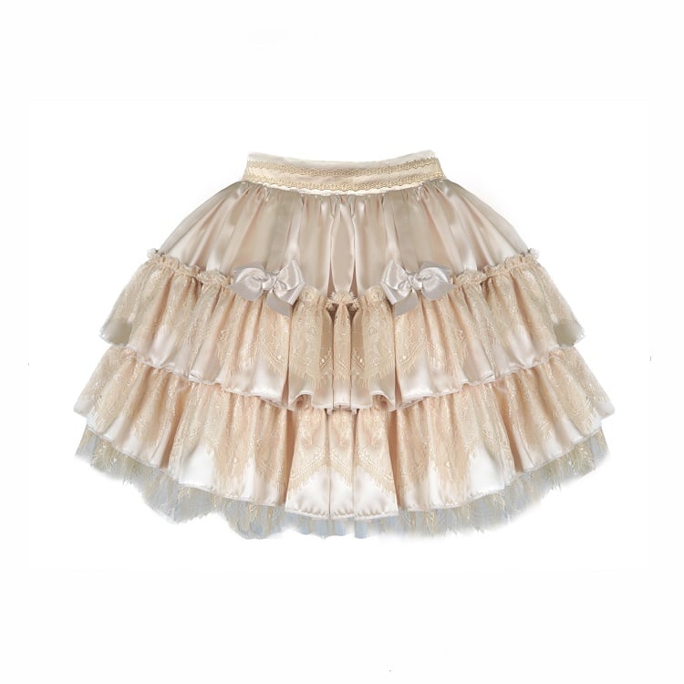 Lolita Gothic Layered Embellishments Bow with Skirt Lace Beige