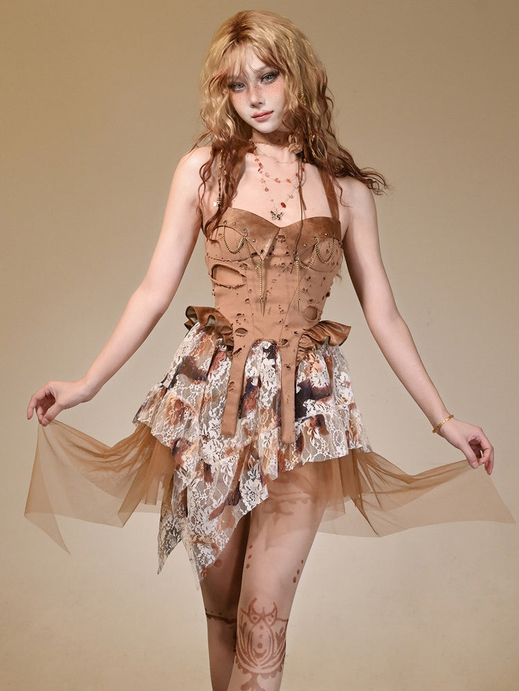 Holes Distressed Studs Chain Design Halter Dress Decorated Brown Wasteland Punk