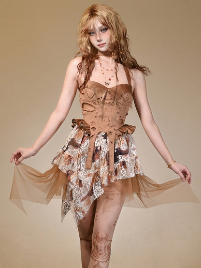 Holes Distressed Studs Chain Design Halter Dress Decorated Brown Wasteland Punk