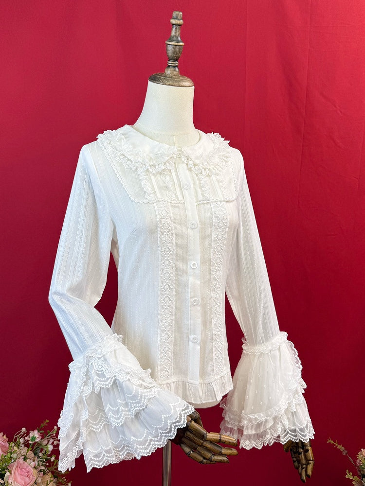 Cotton Sleeves Bell Jacquard Long White Blouse Lolita