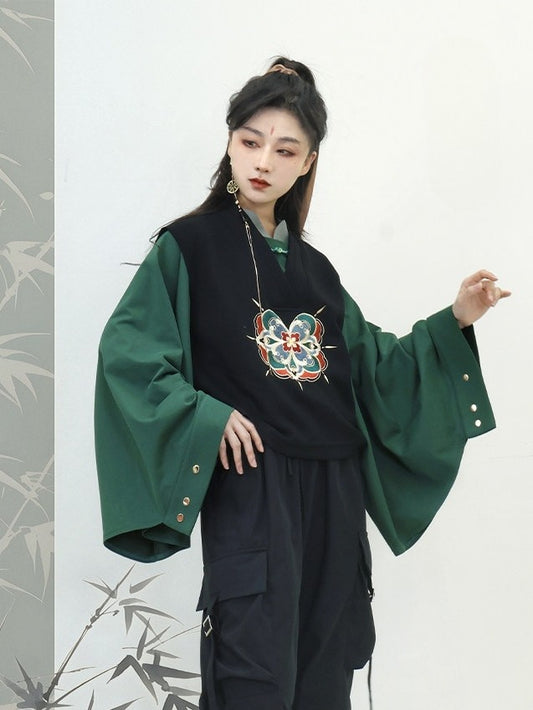 Unisex with Floral Black Fringe Detachable Vest Embroidery Style - Chain Chinese V-Neck