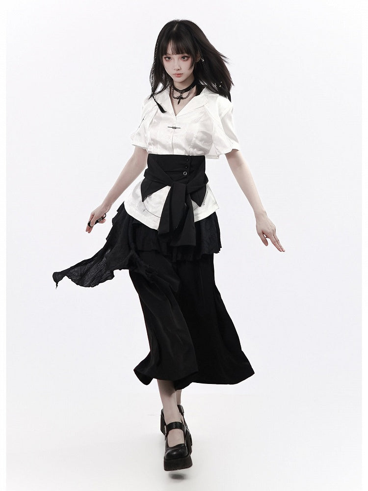 Black Cropped Wide Leg Pants with Ruffle Overlay - PINK SAVIOR