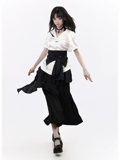 Black Cropped Wide Leg Pants with Ruffle Overlay - PINK SAVIOR