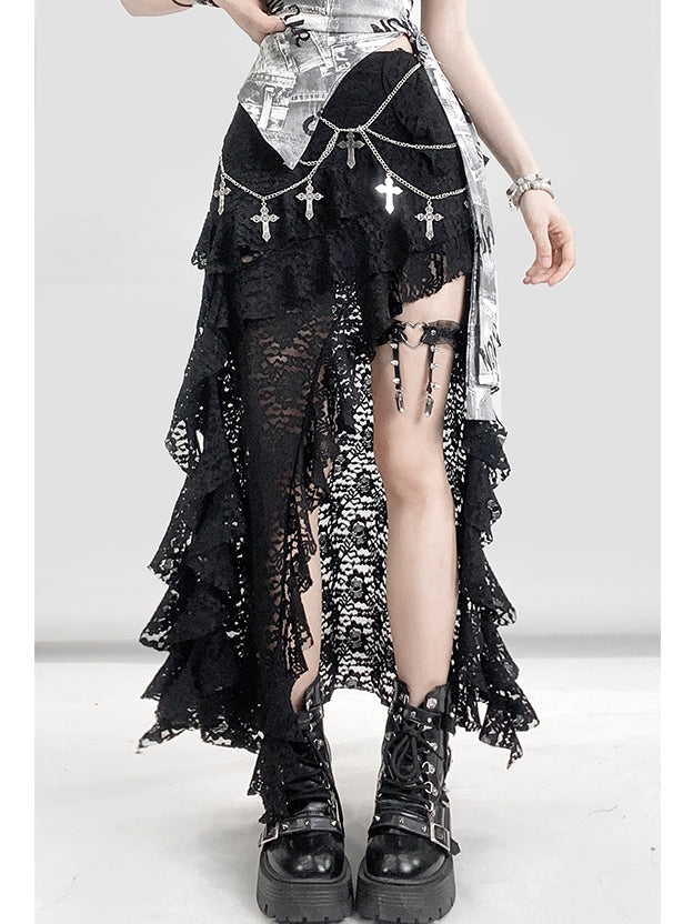 Schlitz Bittersüß Asymmetrisch Glamouröser Rock Oberschenkelhoch Schwarz Saum Spitze