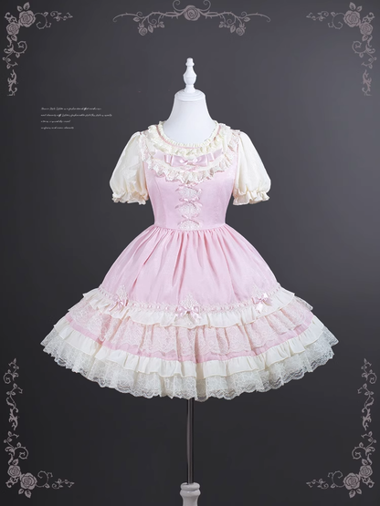 Sweet Lolita Dress Puff Sleeves Bowknot Light Details Pink OP Tiered Lace Trim
