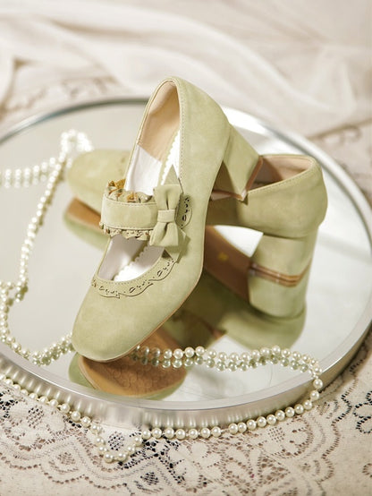 Lace High with Bow Green Block Heels Scalloped Sweet Fit - Slip-In Design Hem Accents Lolita